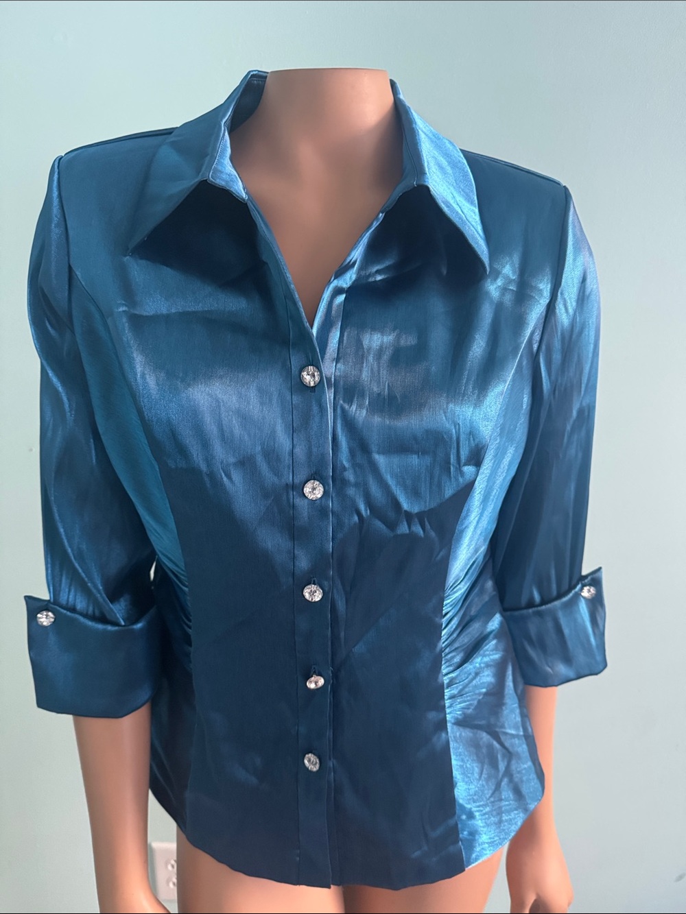 Alex evening Women’s Shiny Teal Button-Up dressy Blouse P/L
